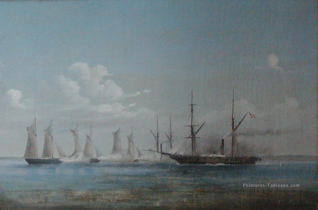 Orlogsskibet Hekla et kamp med tyske kanonbade 16 août 1850 Batailles navale Peintures à l'huile